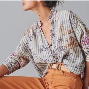 Anthropologie Pilcro The Tavi Striped Floral Button Up Blouse Cotton Size Small